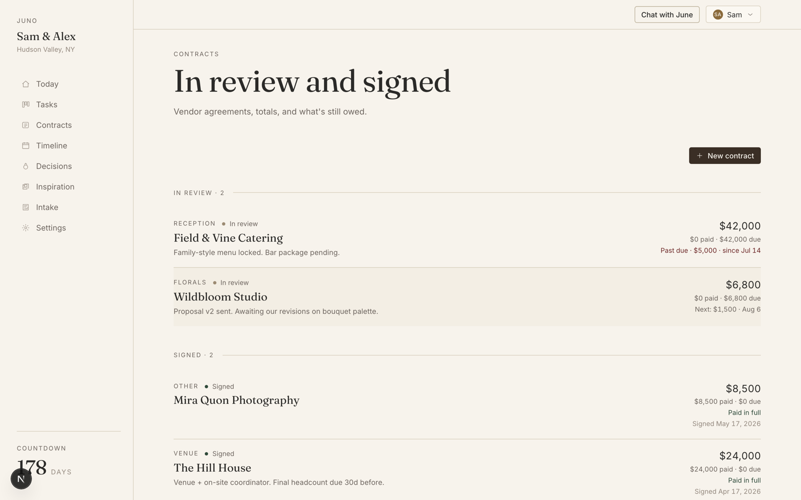 Contracts page showing in-review and signed vendor agreements with totals, payments made, and upcoming payment schedules