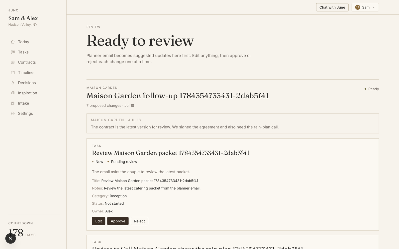 Review queue showing a vendor email thread and proposed changes with Edit, Approve and Reject buttons
