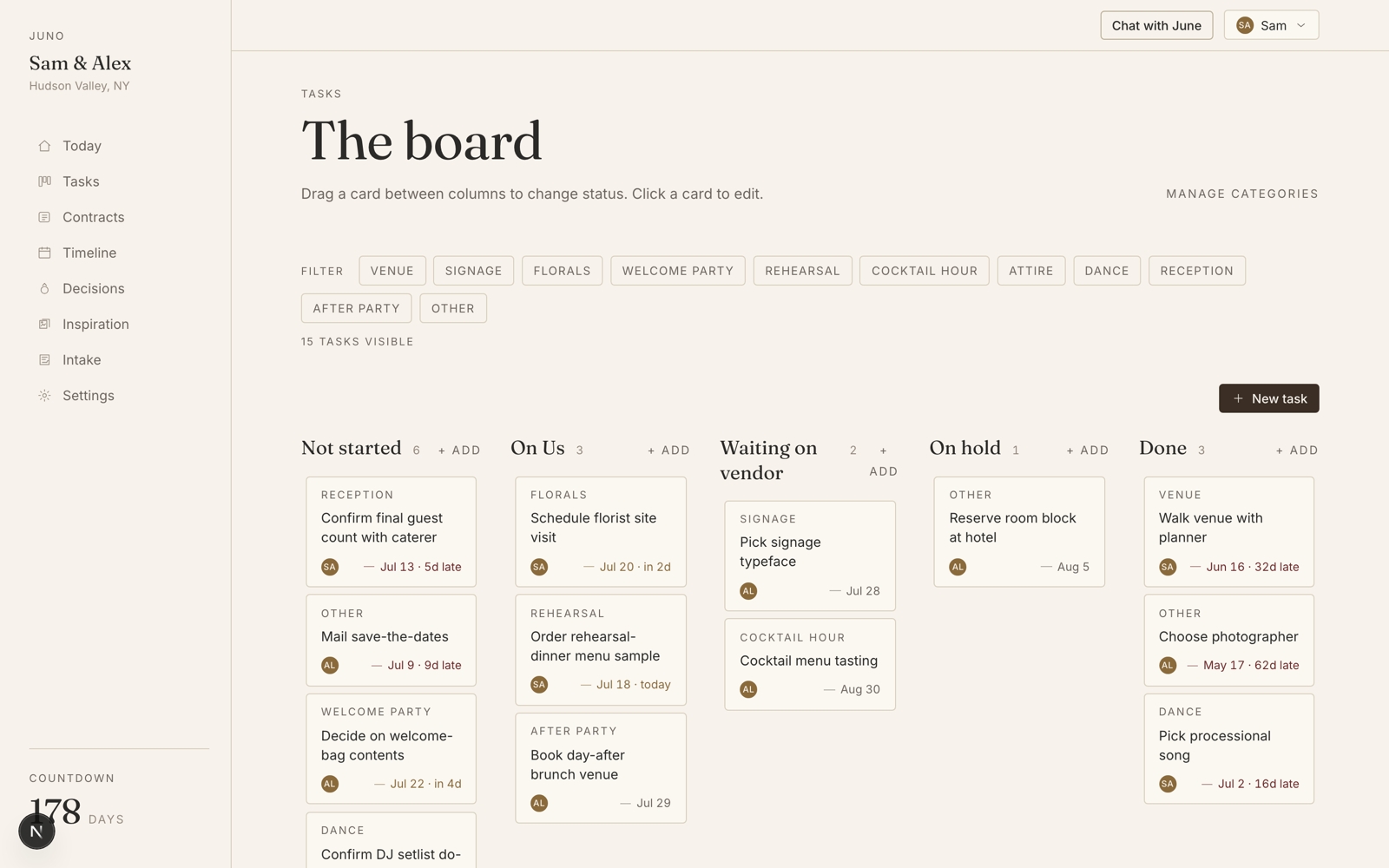 Kanban board with five status columns and shared category filters