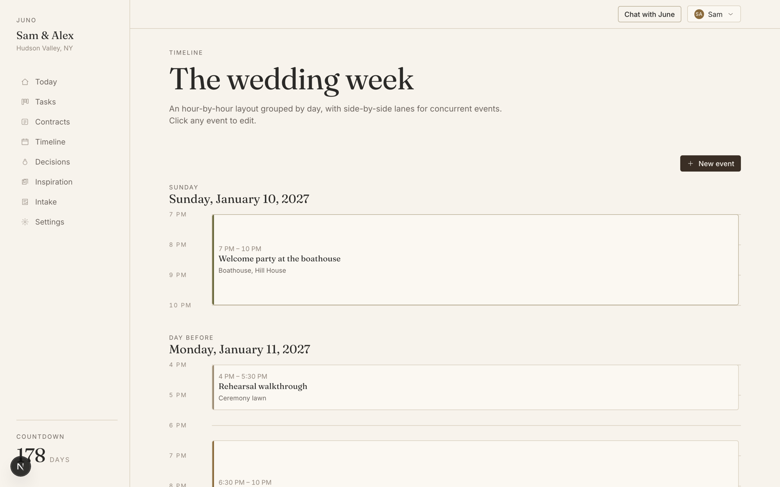 Wedding week timeline with day-grouped agenda